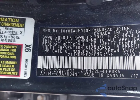 2015 Toyota Corolla L из США, поврежденный, VIN 2T1BURHE2FC353176